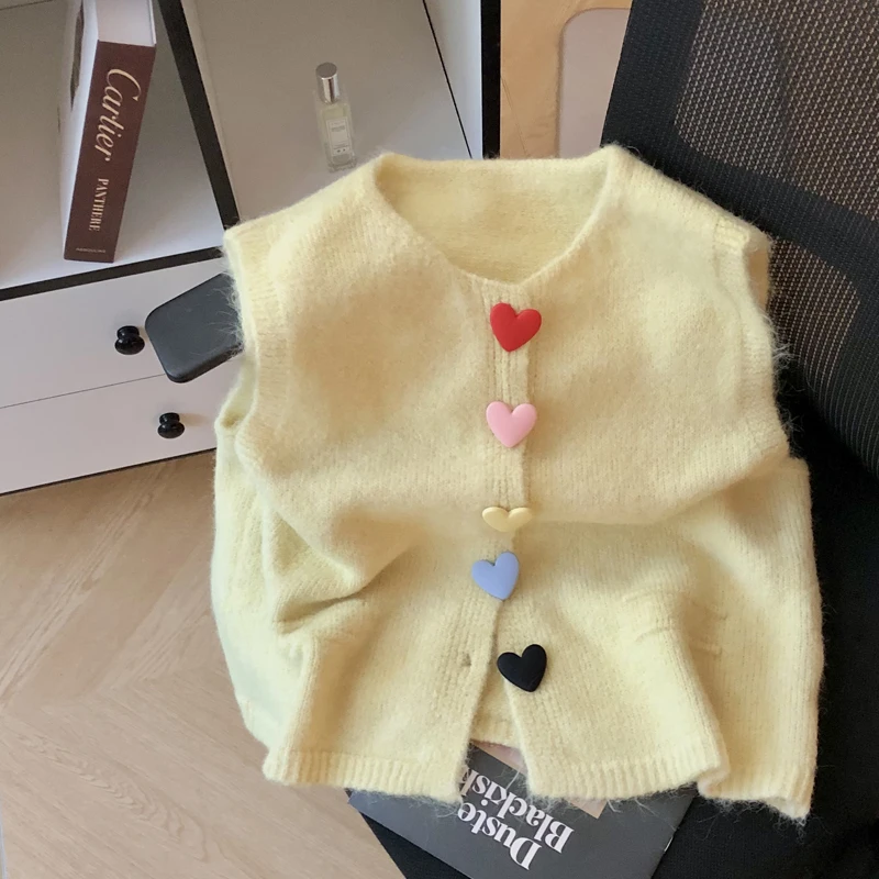 

Candy Color Heart Buttons Knit Vest for Women 2025 Autumn New O-Neck Knitwear Female Loose Sleeveless Sweater Coat