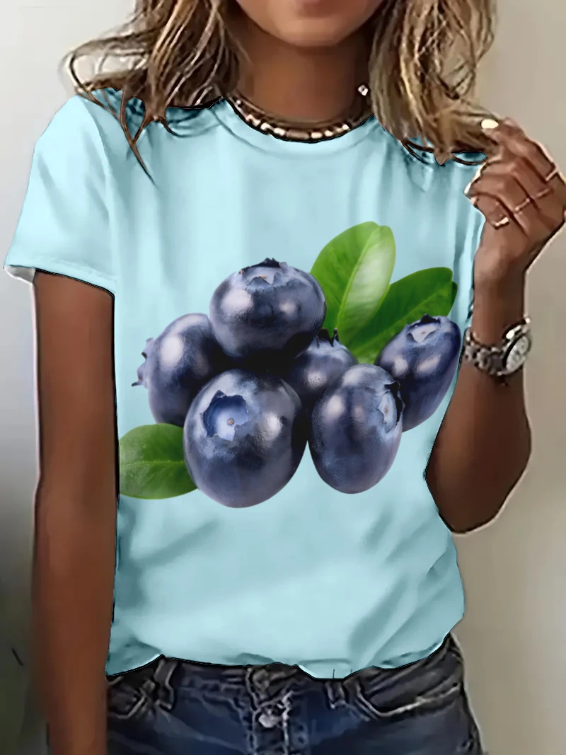 New Summer Women T shirts Elegant Fruit Blueberry Pattern Print T Shirts For Ladies Casual Streetwear Short Sleeve Tees Clothing
