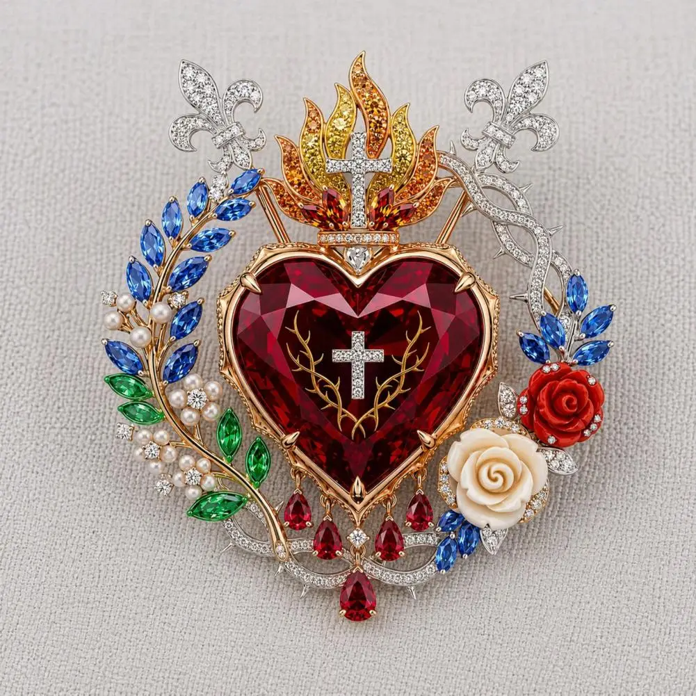 Von Glauben inspirierte Brosche, strahlendes Herz-Broschen-Set, florale Brosche mit künstlichen Edelsteinen, christliche Brosche, Vintage-Schmuck, Geschenk für Frauen, Mütter