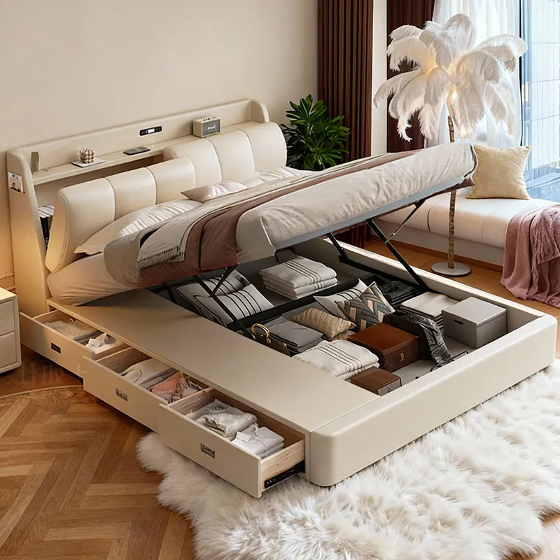 

Storage Wooden Bed Floor Girls Luxury Double Design Frame Full European Bed Safe Sleeping Letto Matrimoniale Trendy Furniture