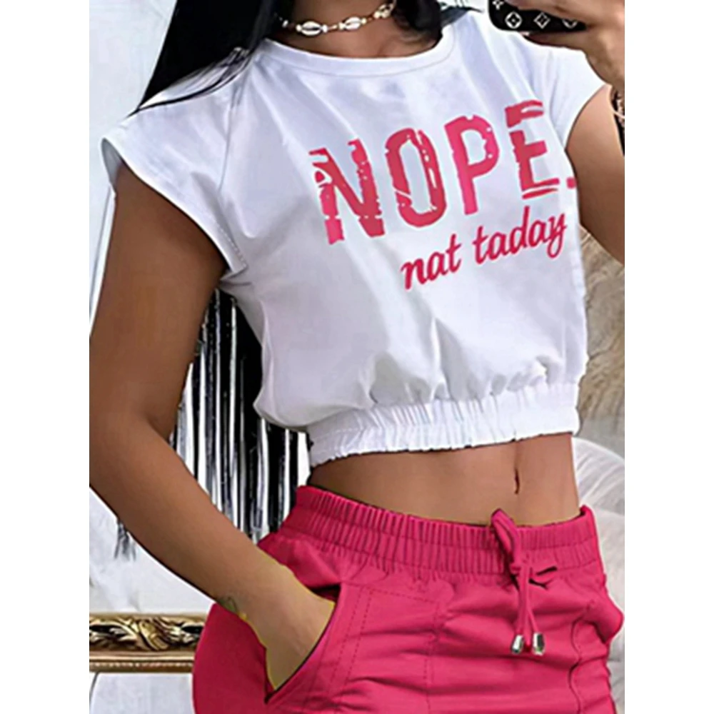 Summer Letter Print Crop Top & Hem Split Maxi Skirt Set for Women Pocket Decor Drawstring Two Pieces Dress Set Work Lady Outfits