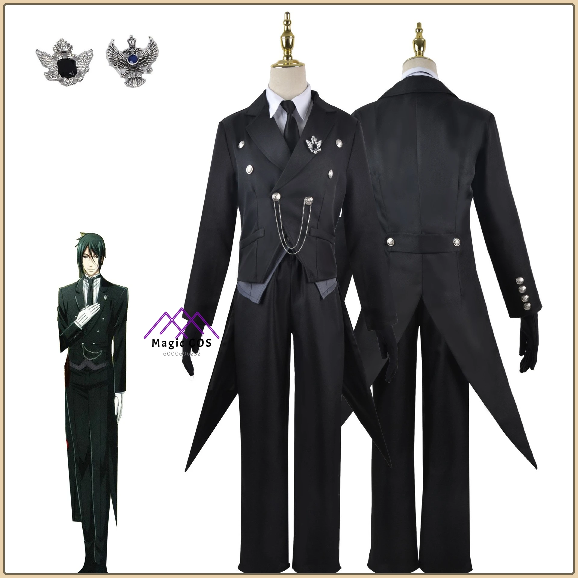 

Anime Black Butler Sebastian Role Playing Full Set Black Tuxedo Vest Chain Brooch Full Set High Quality Anime Outfit (Men's)