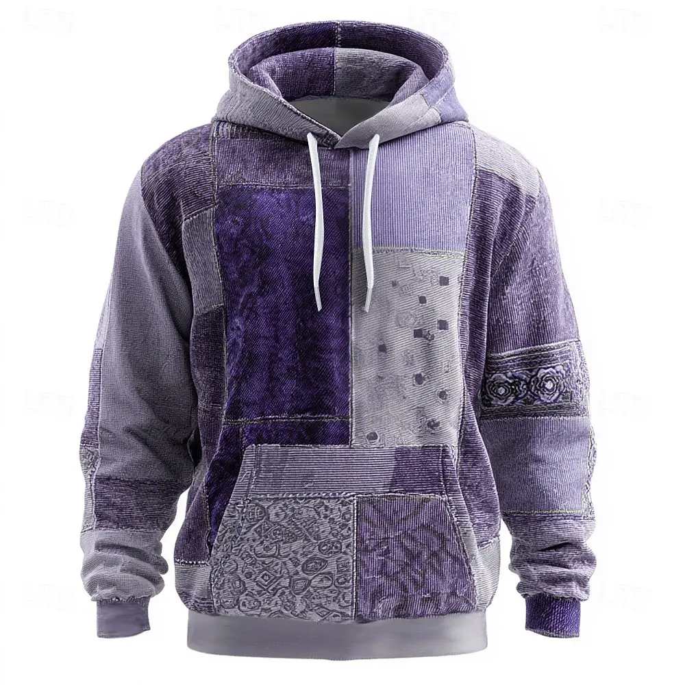 2025 Men's Geometric Plaid Hoodie, Fashion Crew Neck Sweatshirt, Casual Streetwear Style, Fall Winter Comfort Wear hoodies