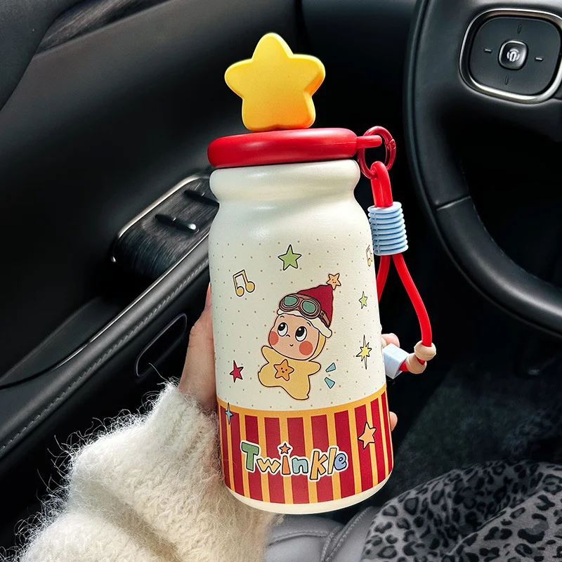 

Cute Star Thermal Cup Kawaii Stainless Steel Water Bottle With Straw Portable Thermos For Tea Coffee Ceramic Tumbler For Woman
