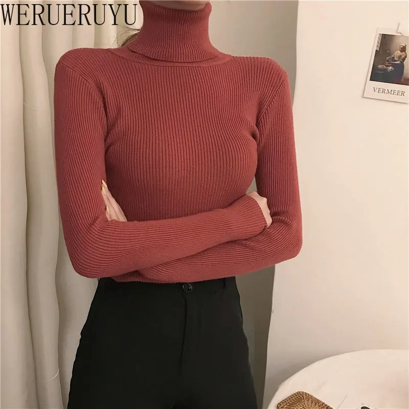 Womens Knitted Turtleneck Sweater Long Sleeve Vintage Top Autumn Winter Clothes for Women Korean Elastic Tight Pullovers Sweater