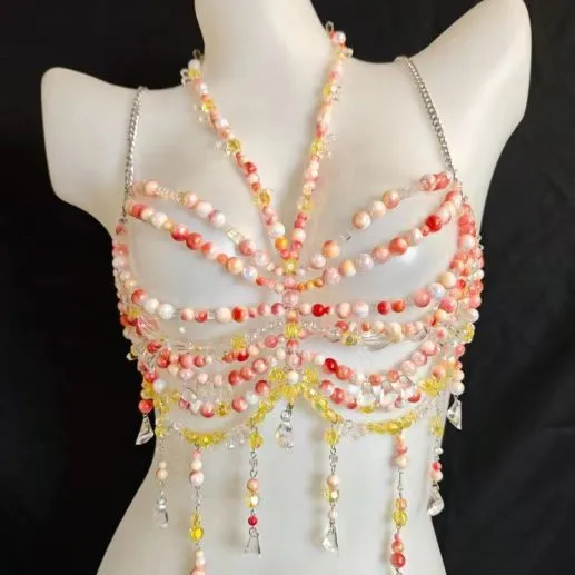 Crystal Bra Halter Woman Tops Pink Beaded Layered Lingerie Harness Bralette Beaded Women Vest Neck Wedding Bridal Beachwear