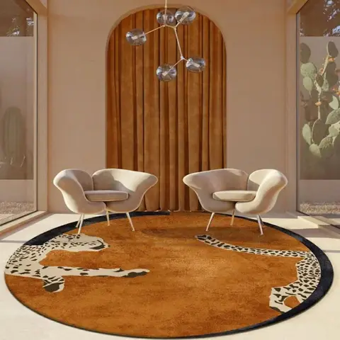 VIKAMA Leopard Print Bedroom Decor Round Rug Fluffy Soft Carpets for Living Room Modern Minimalist Plush Carpet Home Floor Mat