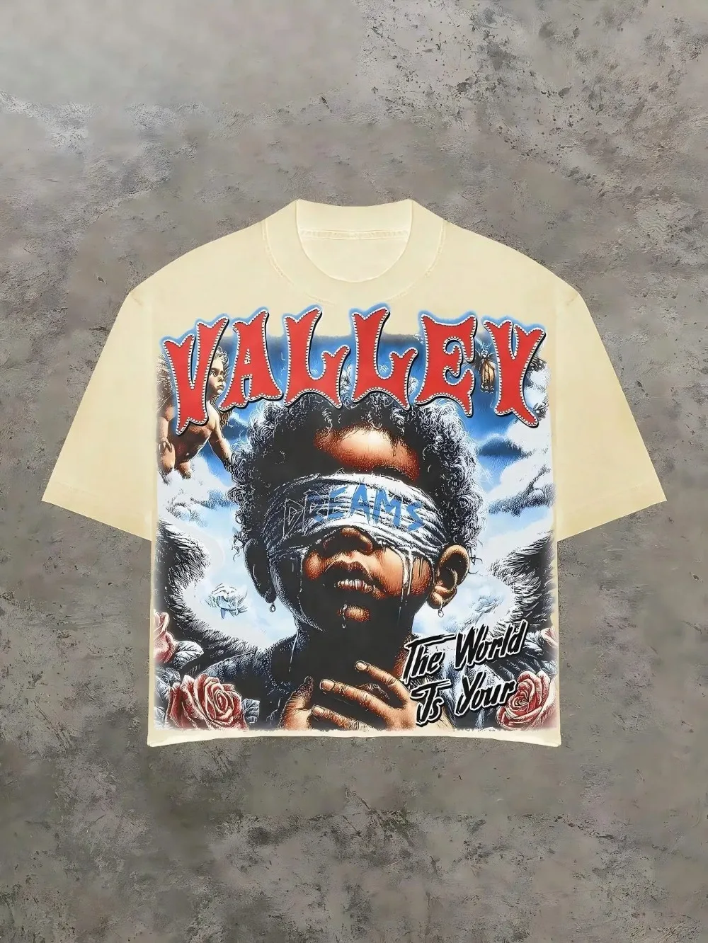 Unisex Crew Neck T‑Shirt Vintage Hip‑Hop Angel Boy 3D Print VALLEY Letter Rose Graphic Retro Streetwear Casual Short Sleeve Top