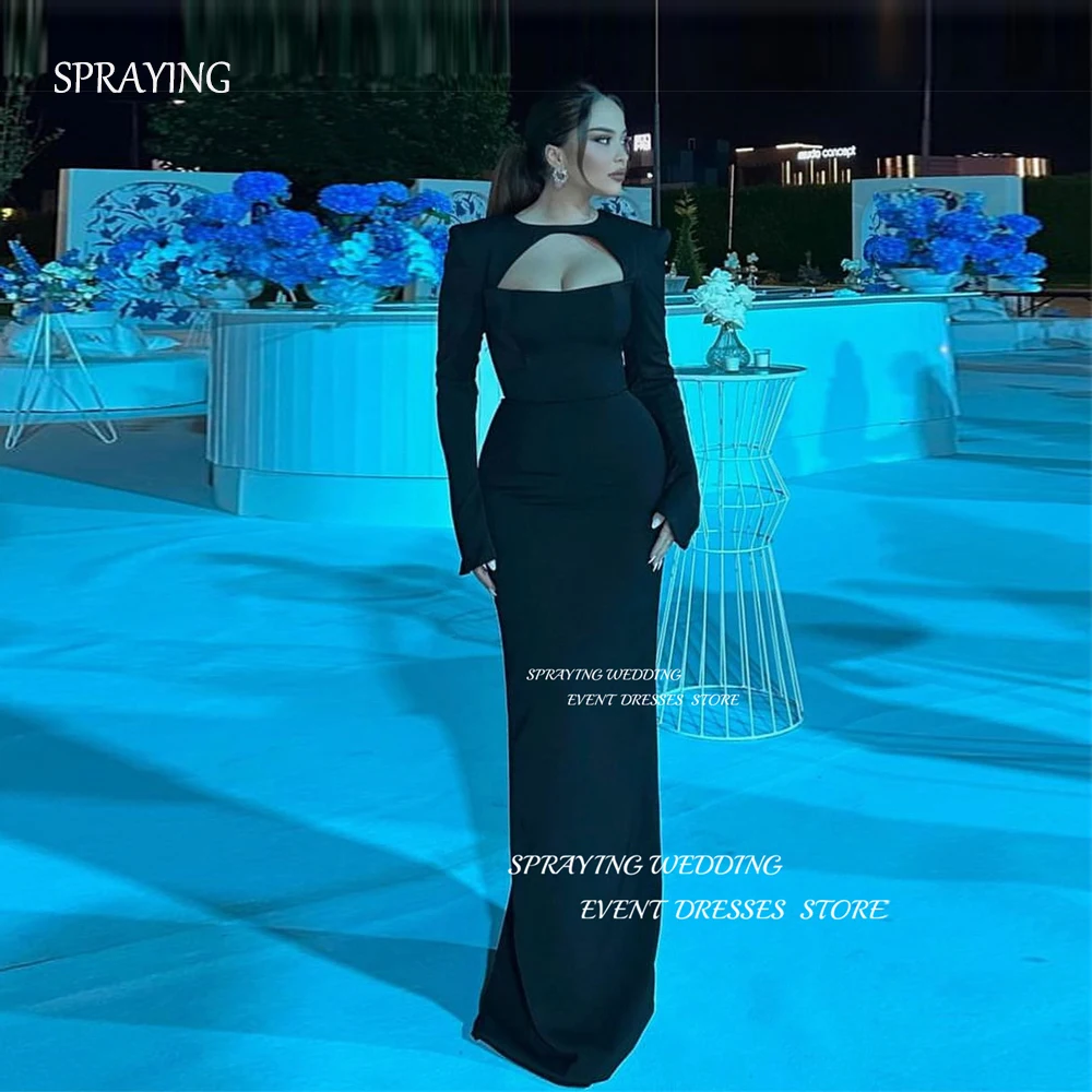 SPRAYING-simples vestidos de casamento preto, elegante manga completa sereia Evening Prom Gown, sexy sem alças até o chão vestidos