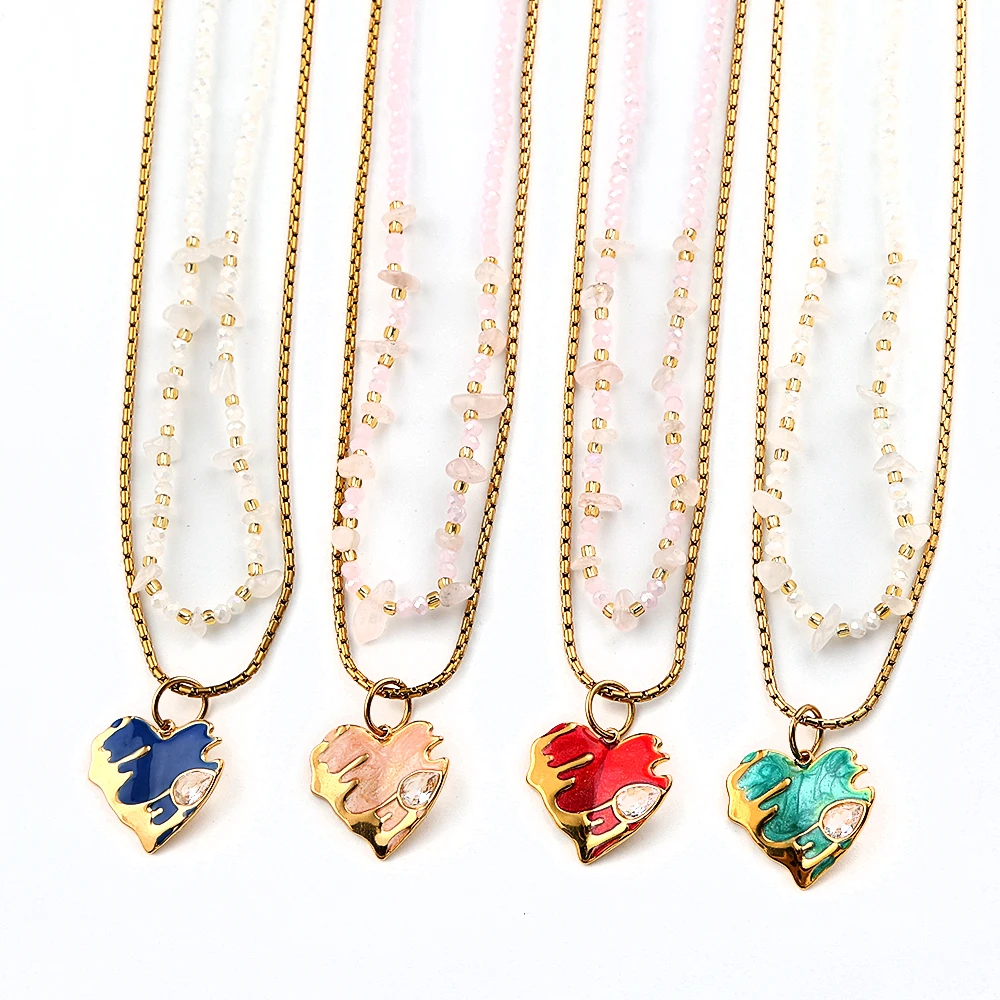 

Boho Double-layer Stainless Steel Enamel Irregular Zircon Heart Pendant Choker Necklace For Women Glass Beads Chain Jewelry