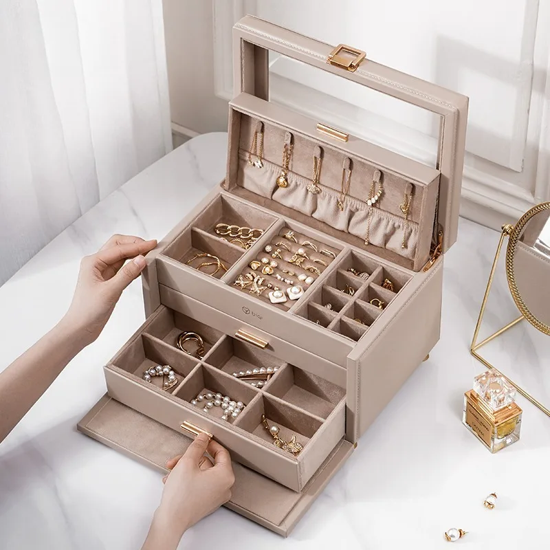 

Leather Jewelry Storage Box Transparent Large Capacity Jewelry Boxes Ring Earring Necklace Storage Organizer Watch Bracelet Case