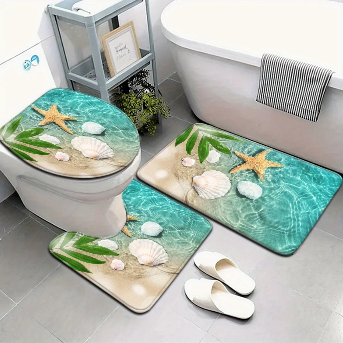 

3-piece beach summer ocean beach starfish shell pattern toilet seat cover non-slip mat U-shaped foot mat machine washable