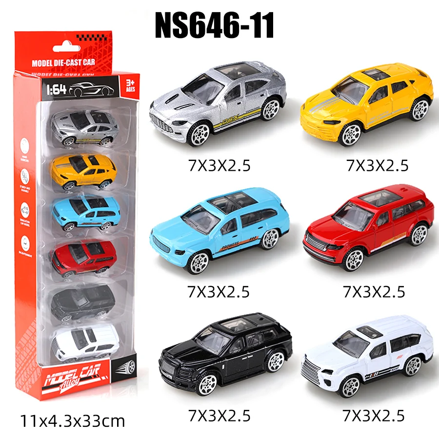 SUV fundido a presión a escala 1/64 en caja en diferentes estilos, 6 piezas por caja, fundición a presión de metal, juguetes para niños, coches impulsado por inercia.