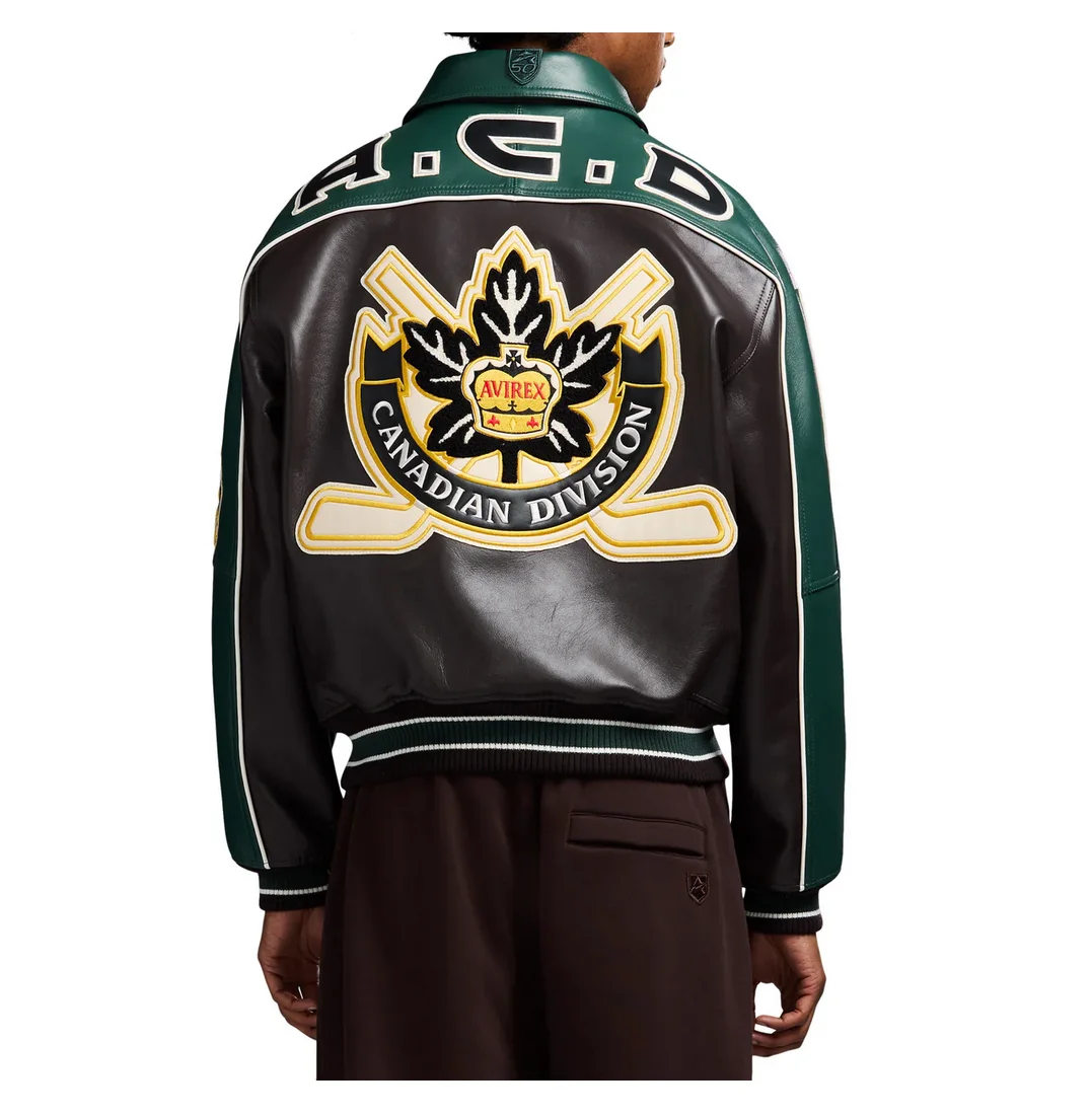 AVIREX 2025 Autumn/Winter New Arrivals Hockey logo embroidered leather jacket for men fashionable casual imported lambskin top