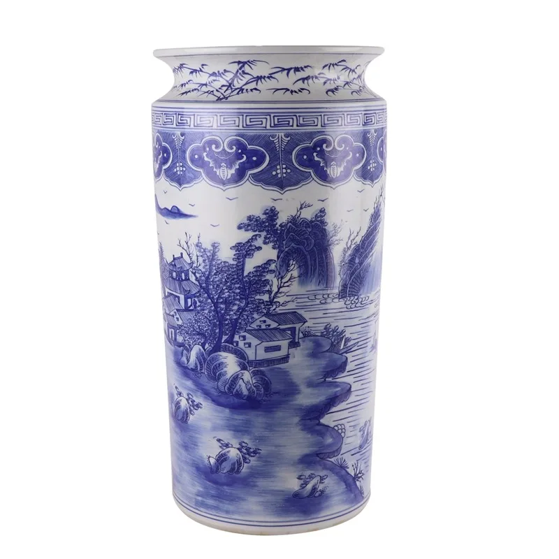 Antique Hand-painted Blue and White Landscape Large Floor Vase Indoor Ceramic Umbrella Stand for Home Decor