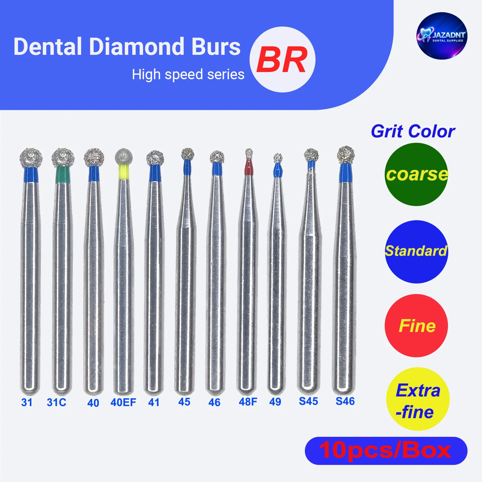 

Dental Burs 1.6mm BR - Standard Grit Dentistry Materials Teeth Prosthodontic 10pcs/Box dental Lab Or Clinic Dentist