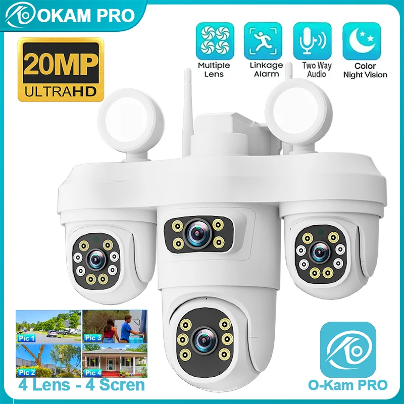 

OKAM PRO WIFI Security Camera HD 20MP 4-Lens Floodlight Outdoor Camera Two-Way Intercom Motion Tracking IP66 Waterproof IP CCTV