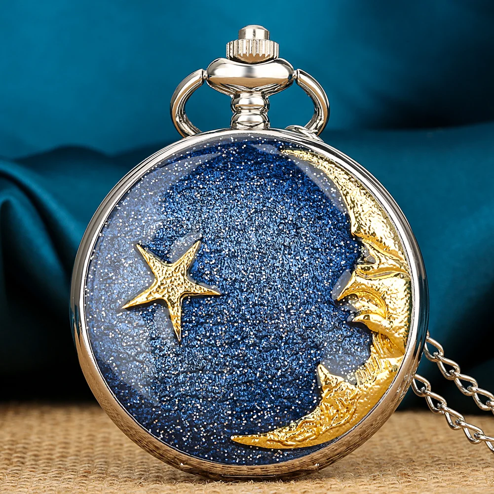 

Romantic Blue Starry Sky Gold Moon Star Design Necklace Watch Men Women Quartz Silver Alloy Vintage Pendant Pocket Clock Gifts