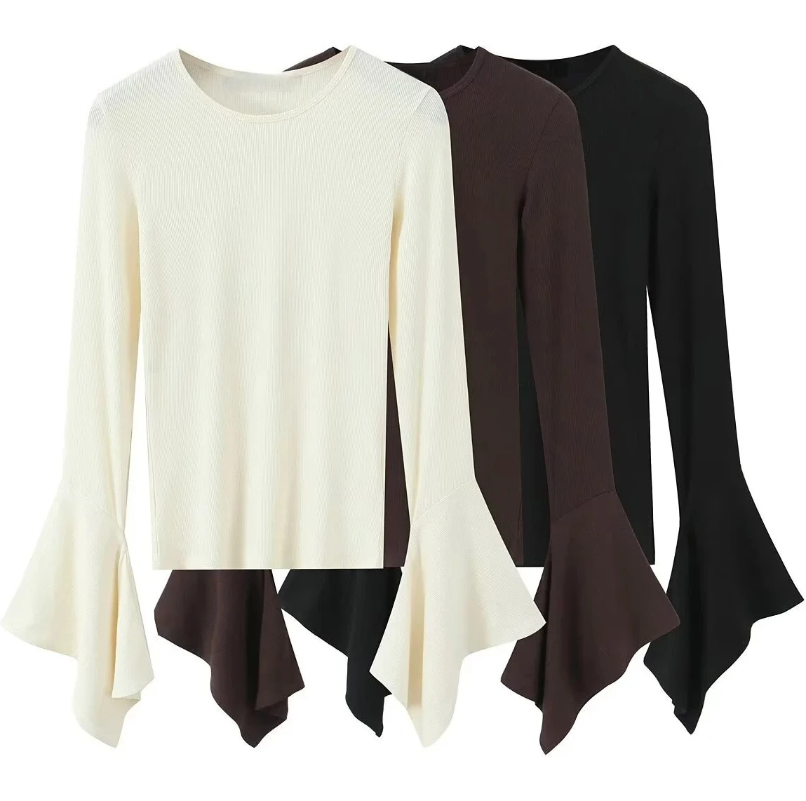 

New Women's Casual Fashionable Elegant Simple Slim Fit Solid Color Round Neck Layered Decorative Sleeve T-Shirt