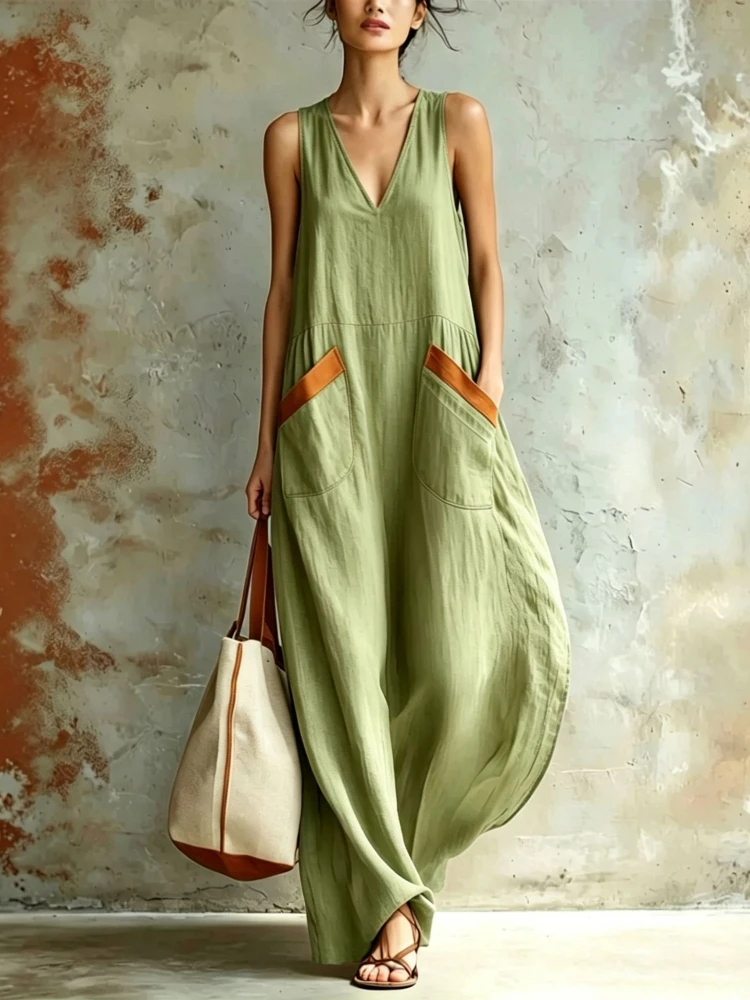 Women Boho Sleeveless Maxi Dress Deep V Neck Flowy Long Tank Dress Summer Casual A-line Loose Color Blocking Pockets Dresses - view 4