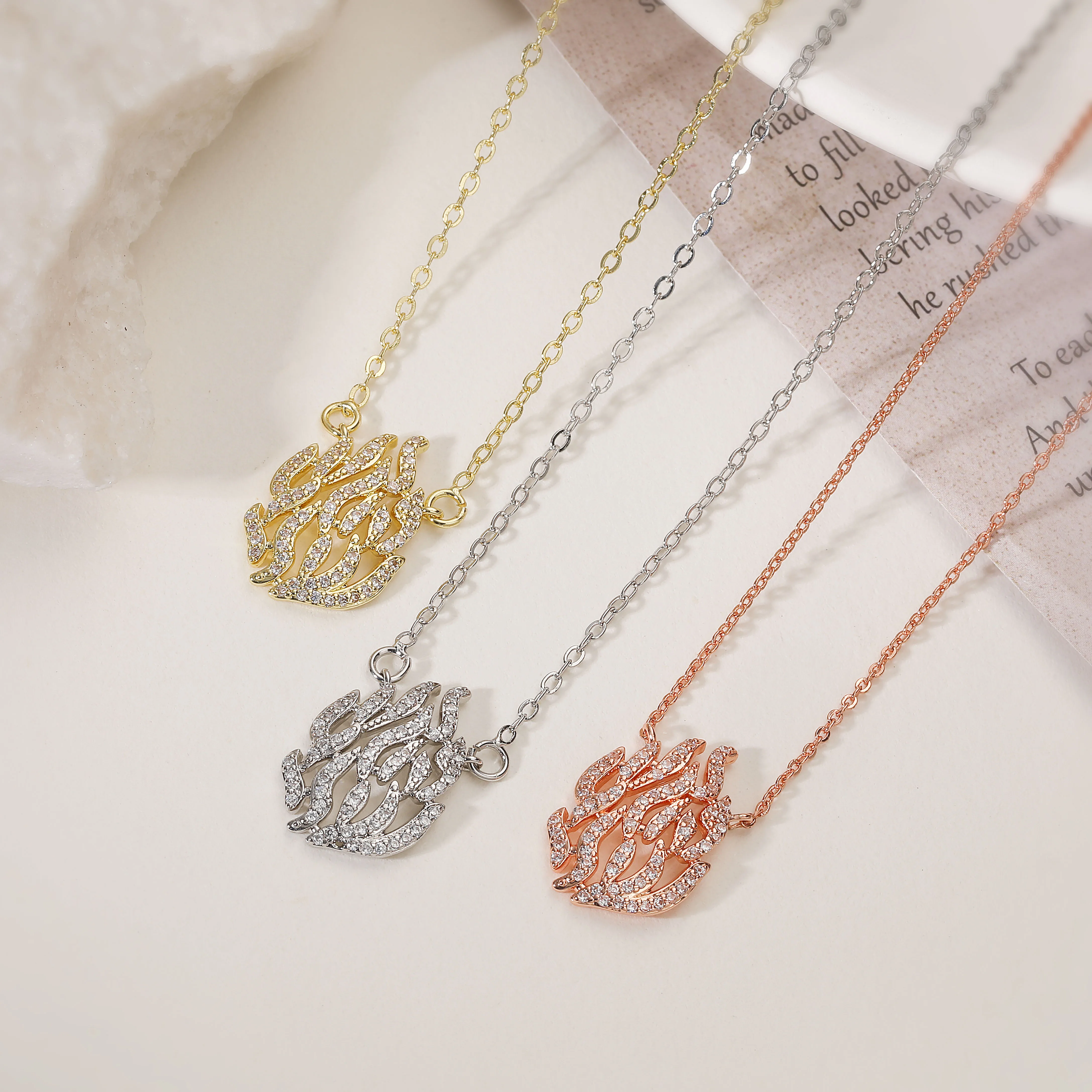 18K Gold-Plated Copper Flame-Shaped Charm Pendant Necklace with Zirconia Stones Delicate Minimalist Unisex Couple’s Necklace