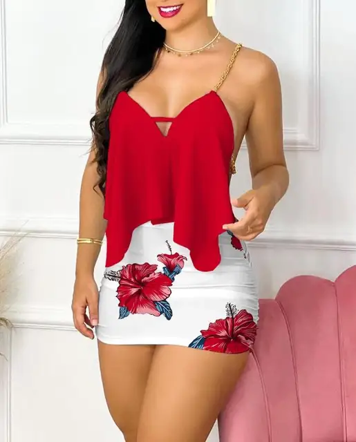 Sukienki damskie 2024 Letnia moda Kwiatowy nadruk Asymetryczny pasek z łańcuszkiem Seksowny dekolt w szpic bez rękawów Bodycon Mini sukienka zestawy