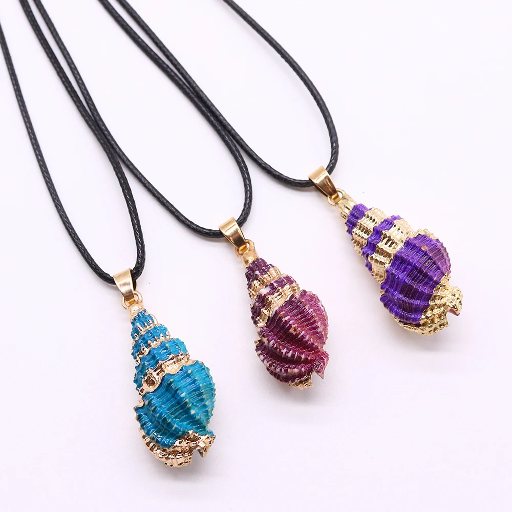 Vintage Natural Shell Pendant Necklace with Colorful Conch Skin Rope for Women's Summer Beach Handmade Jewelry Making Necklace