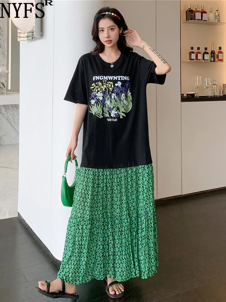 NYFS 2024 Summer New Korea Woman Dress Vestidos Robe Elbise Loose Plus Size Patchwork Split Print Hem Short Sleeve Long Dresses