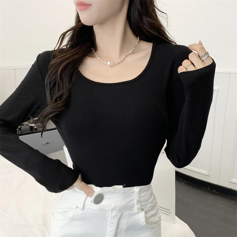 2023 Autumn New Women's High-Grade round Neck Pure Color All-Matching Bottoming Shirt Women's T-shirt