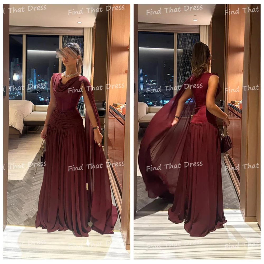 

Custom Made Sleeveless Chiffon Tiered Pleated Sexy Straight Evening Gown Backless Floor Length Saudi Arab Dress with Cape