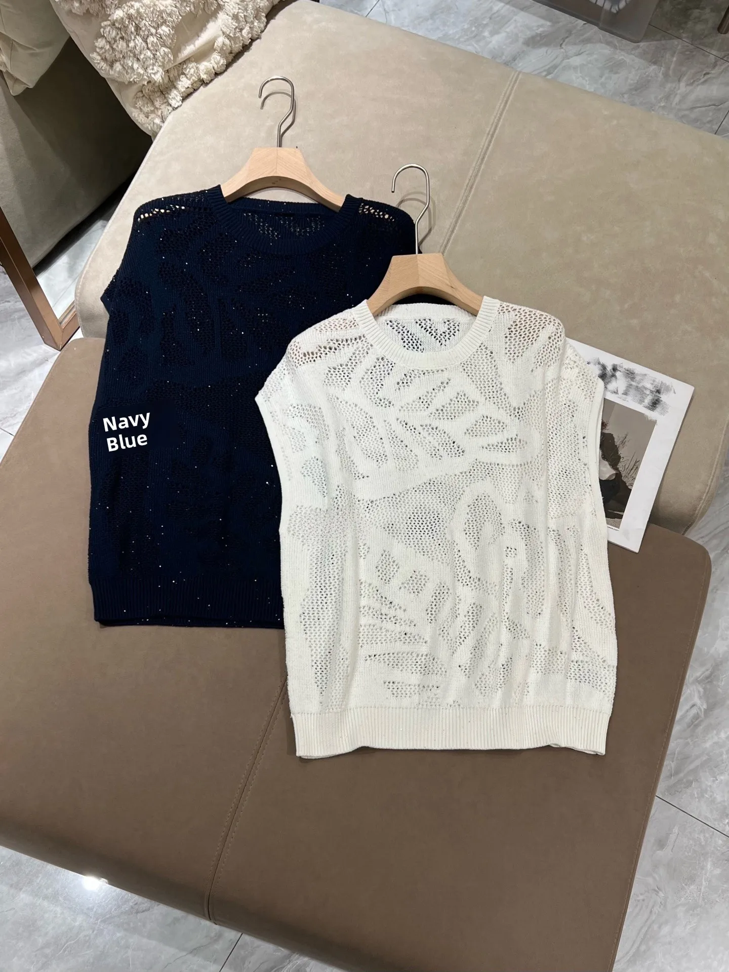 

Spring Summer Women's round Neck Hollow out Cotton Sleeveless Vest Loose Short Sleeve T-Shirt Lightweight Breathable Top