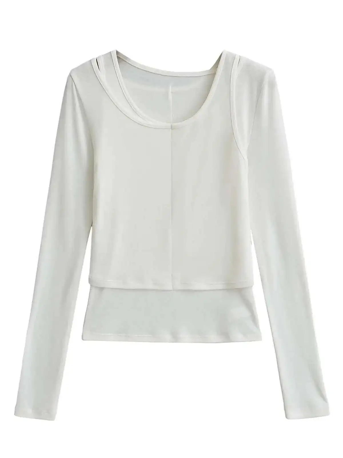 

Autumn/Winter New Round Neck Off Shoulder Fake Two-piece Long Sleeve Pullover Women Cinching Waist Solid Slim Knit Top 9189