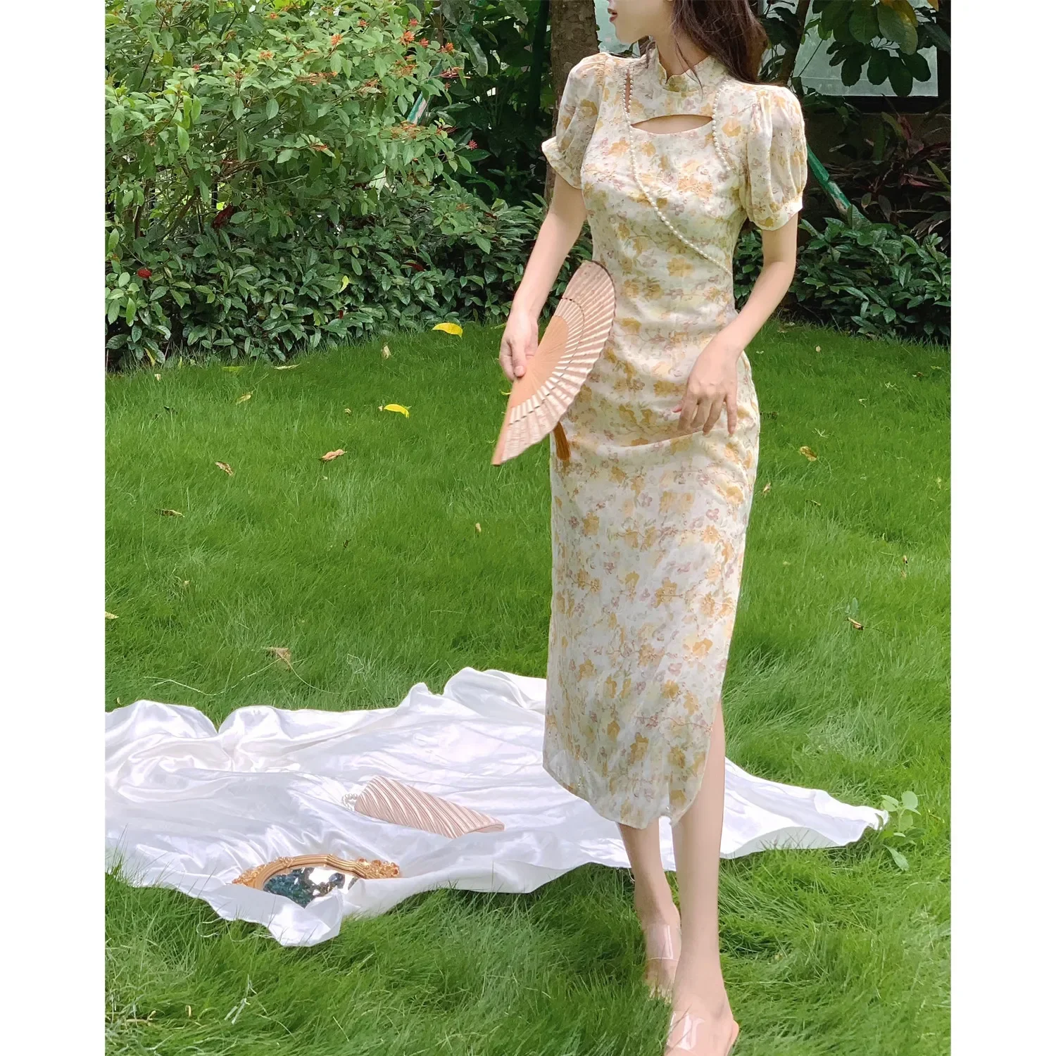 

Yellow Floral Qipao New Spring Summer Chinese Style Dresses Women Elegant Cheongsams Improved Qipao Lady Casual Vestidos