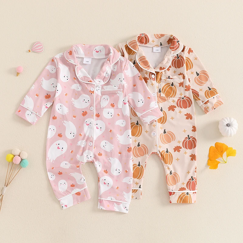 

Infant Baby Girl Halloween Sleeping Romper Ghost/Pumpkin Print Lapel Long Sleeve Button Down Jumpsuit Newborn Clothes