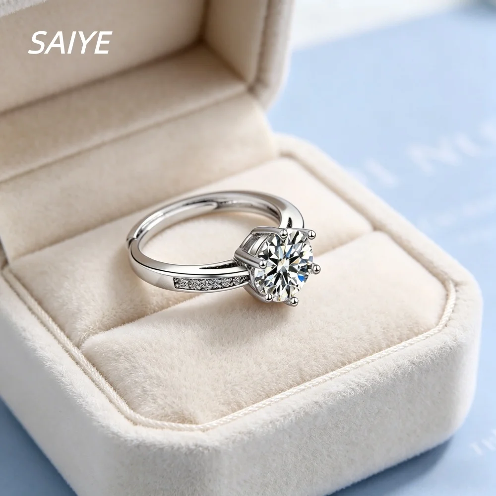 925 Sterling Silver Moissanite Engagement Ring, Wedding Band with Paved Side Stones, Adjustable Promise Ring for Women
