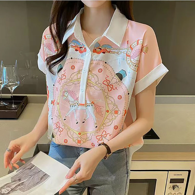 Fashion Lapel Printed Cartoon Chiffon Blouses Female Clothing 2024 Summer New Loose Sweet Short Sleeve Tops Office Lady Shirts
