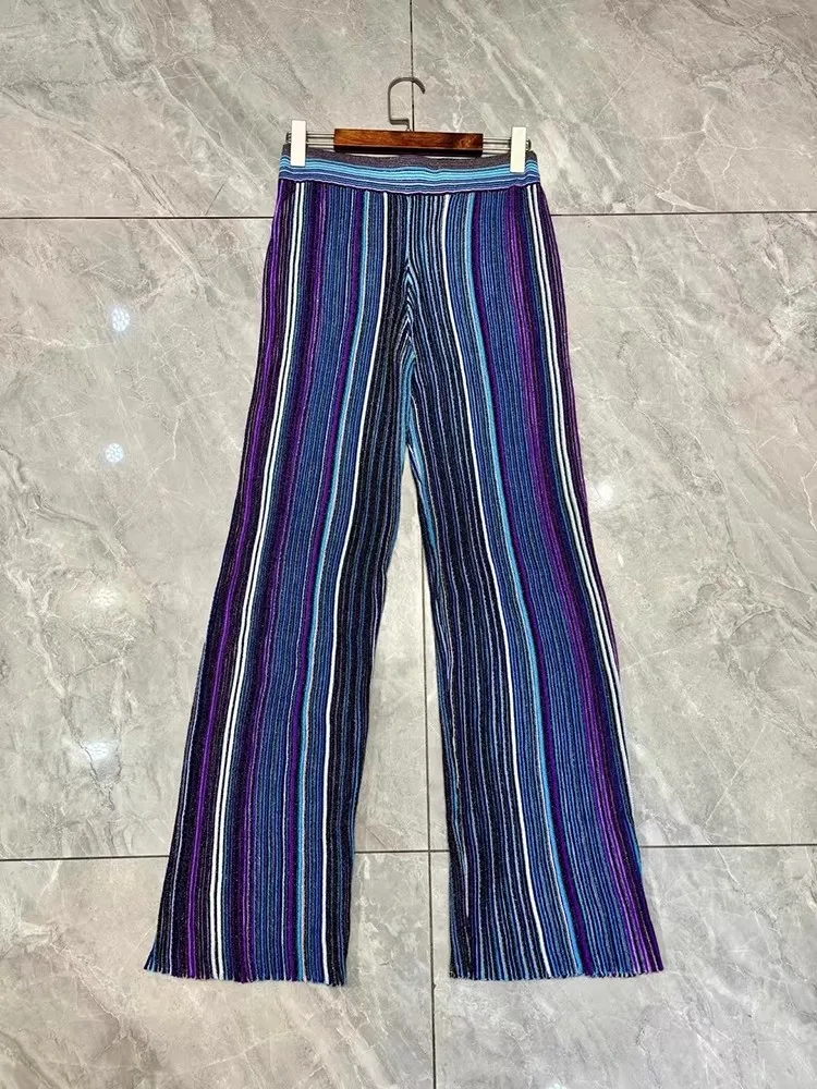 Micosoni Color Block Knitted Striped Texture Long Pants Woolen Trousers European Style Fashionable And Stylish Men's Clothing