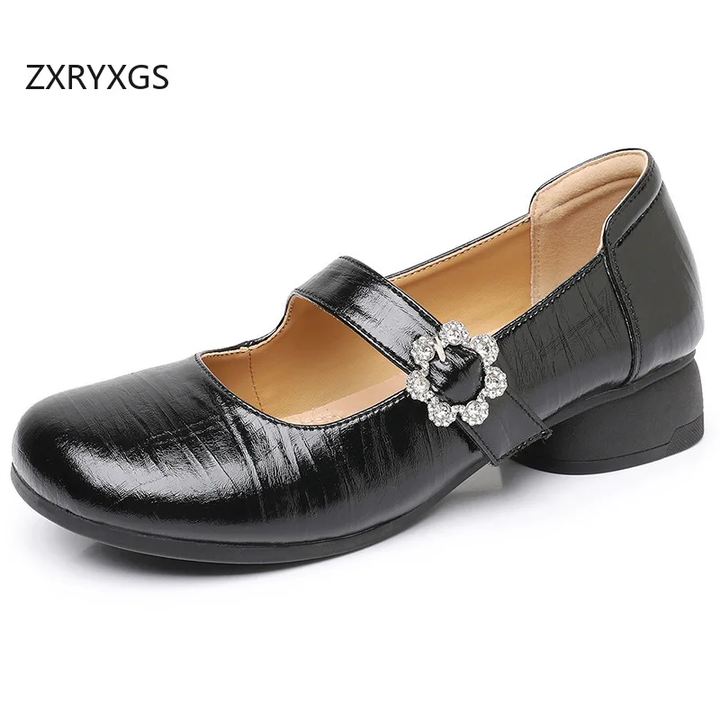 ZXRYXGS 2026 New Autumn Rhinestone Genuine Leather Shoes Comfortable Versatile Low Heels Women's Banquet Shoes Shoes Size 32-33