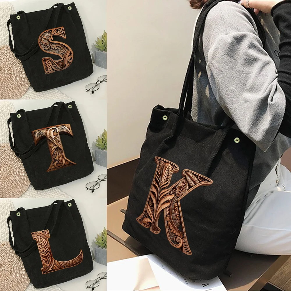 

Women's Corduroy Shoulder Bag Large Capacity Lightweight Foldable Handbag Women's Handbag Wood Art Letter Series