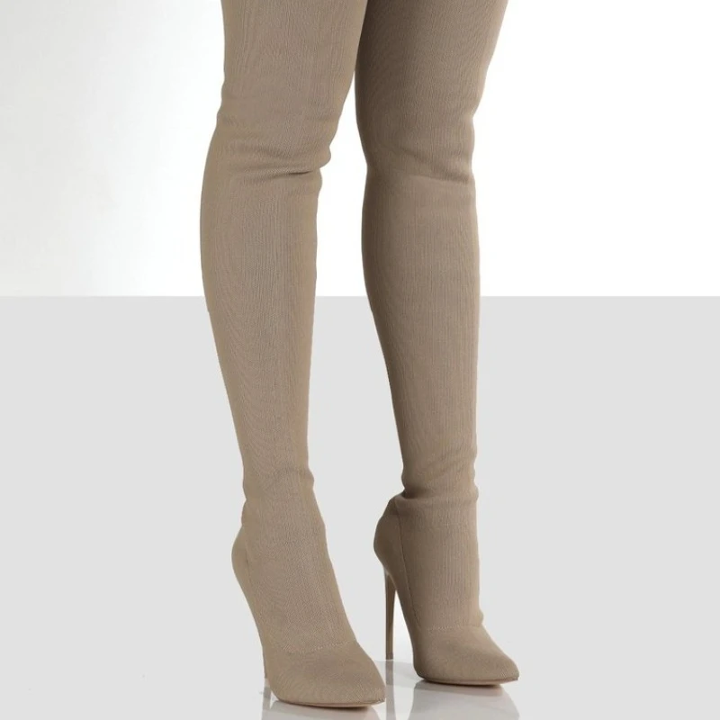 

2026 Large Size Women's Elastic Knitted Knee-high Boots Retro Autumn Winter Thin Heel High Heel Korean Style over Knee Long
