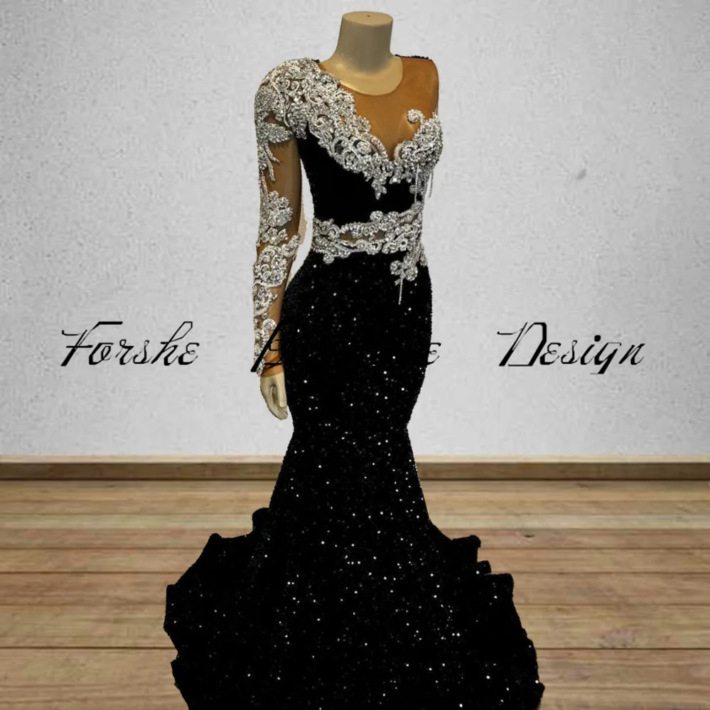 Luxury Black Prom Dresses for Black Girls 2024 Crystal Mermaid Party Gowns One Sleeves Vestidos De Gala