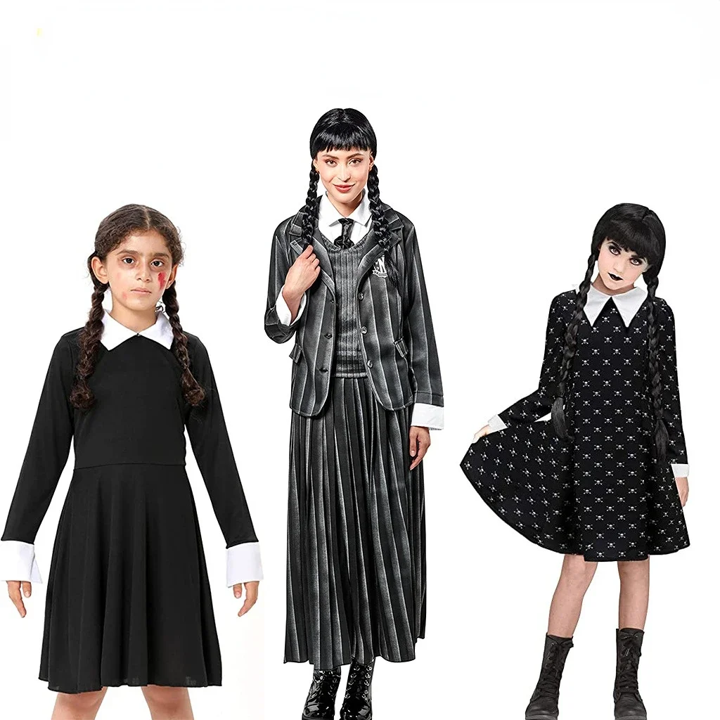 Kids Children Wednesday Wednesday Cosplay Costume Dress Outfits Halloween Carnival Suit Black Dress Role Play for Girls