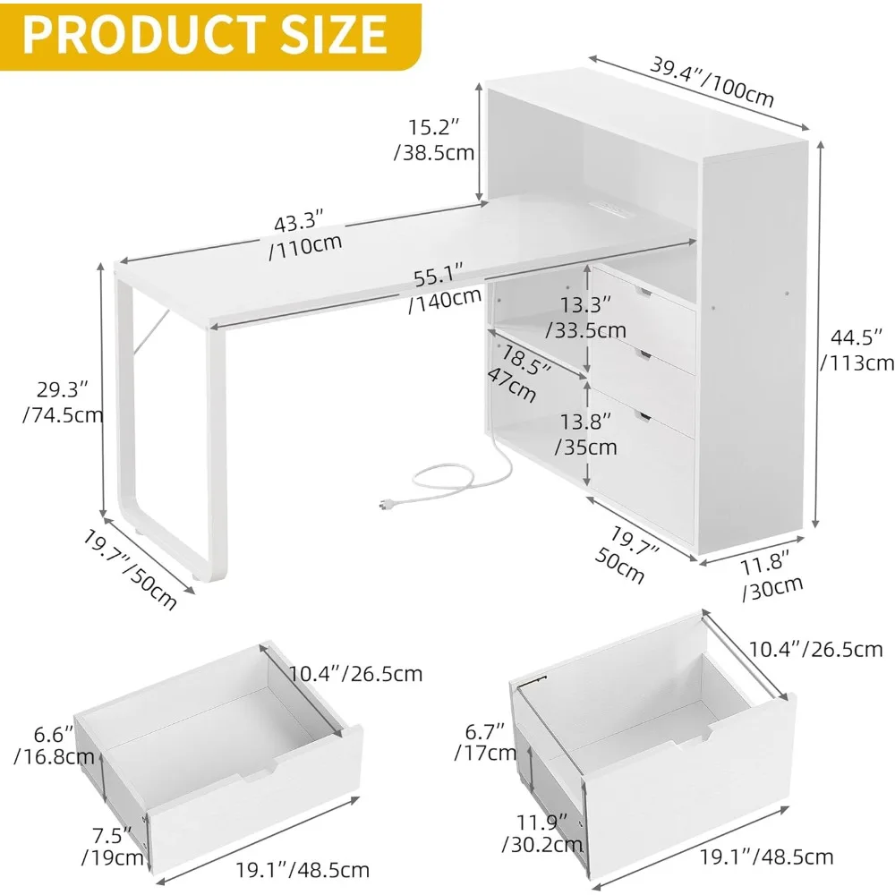 L-shaped desk with drawers, 55 