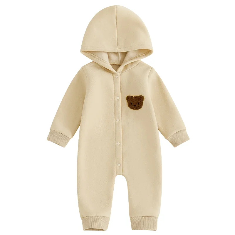 Newborn Baby Boy Girl Hooded Jumpsuit Fall Winter Clothes Cute Bear Embroidered Long Sleeve Button down Rompers