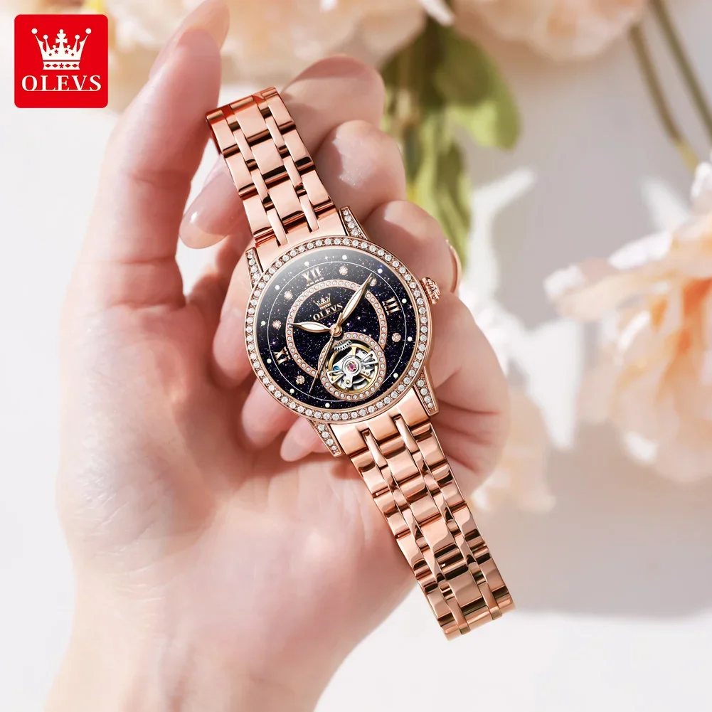 OLEVS Starry Sky Automatic Watch Women Top Brand Luxury Fashion Casual Stainless Steel Hollow Mechanical Watch Relógio Feminino