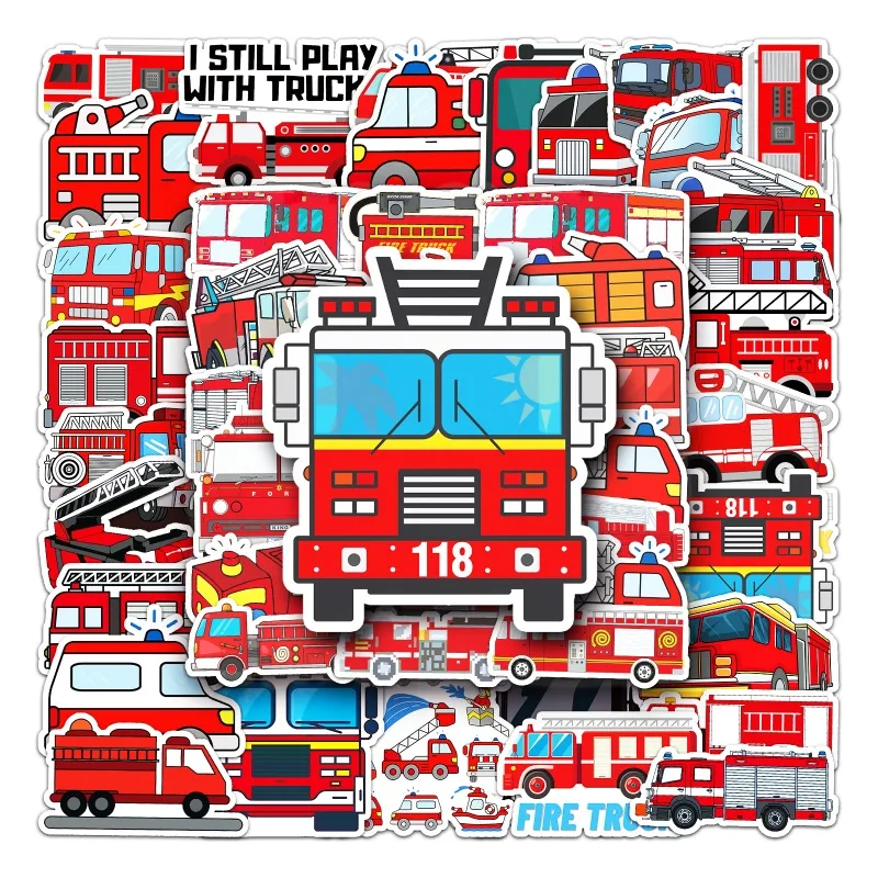 50pcs red fire truck laptop laptop water cup computer children creative decoration learning waterproof sticker holiday gift