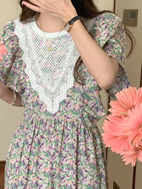 

Chic Summer Vintage round Ne Splice Lace Hook Flower Slimming ort Sve Dr Women's Faionable Casual Color Dr