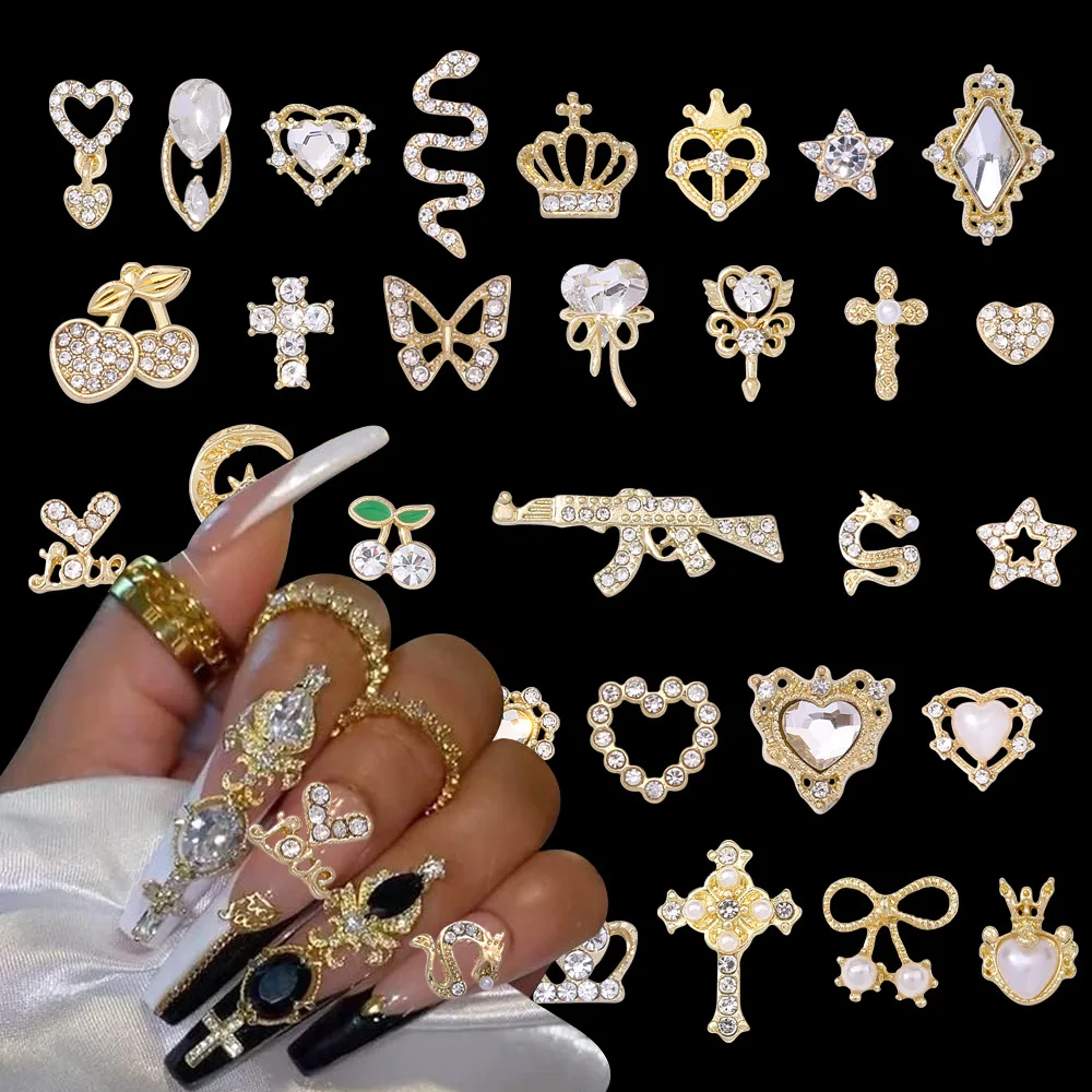 Mix 30 Stück Gun Nail Charms 3D Kreuz Nail Art Schmuck Gold Dollar Zeichen Charms Nägel Multi Style Nagel Edelsteine für Frauen Maniküre