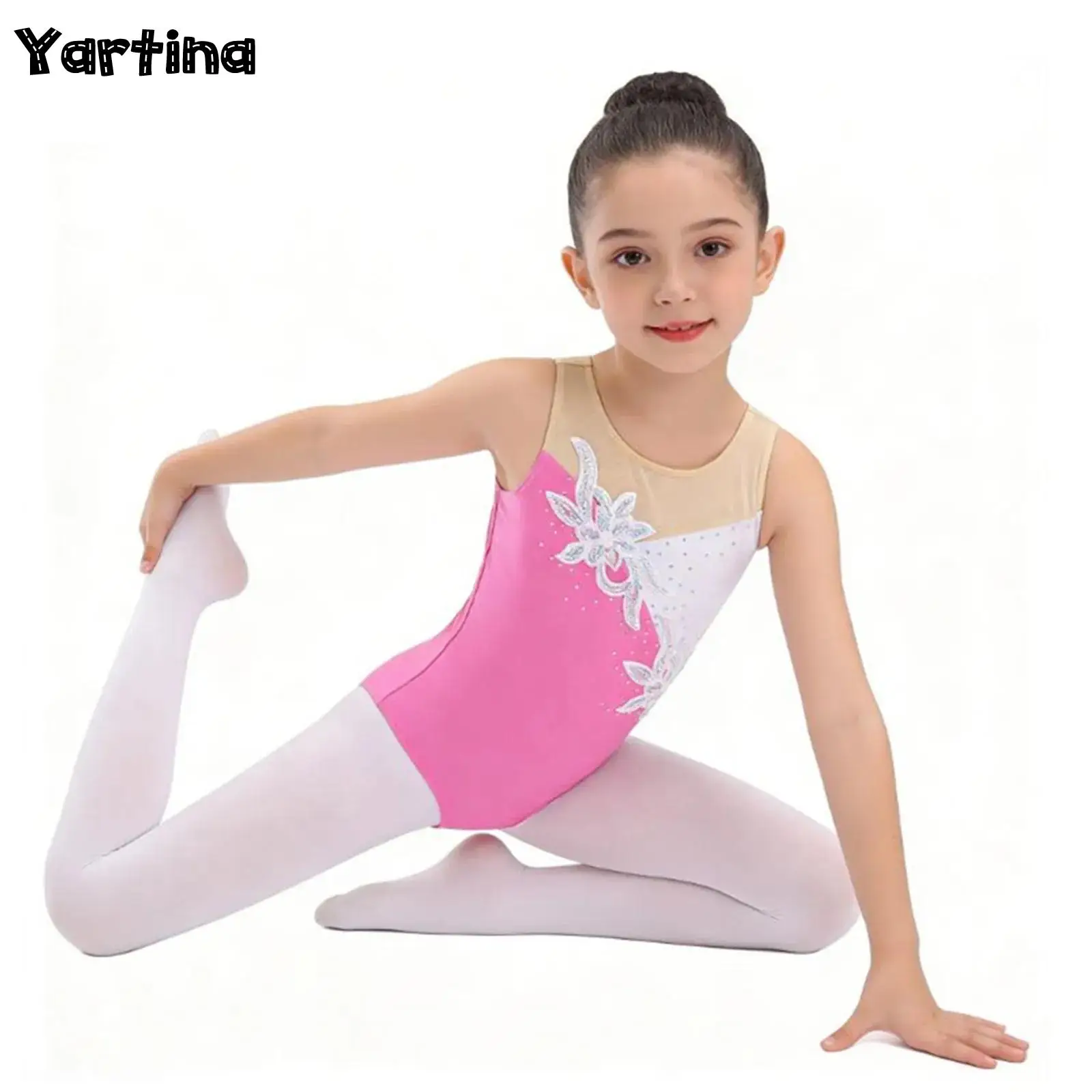 

Детский гимнастический костюм для девочек: блестящий сетчатый комбинезон с пайетками и искусственными стразами для балета, танцев и фигурного катания