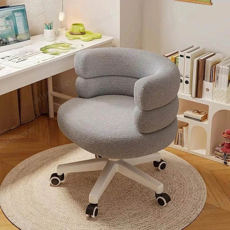 Lamb Wool Vanity Makeup Chair With Wheels Adjustable Backrest Home Dressing Armchair